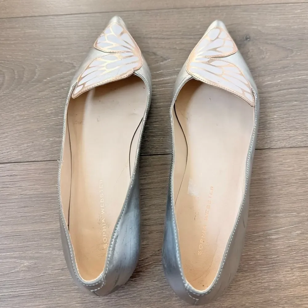 Sophia Webster Butterfly Flats Patent Leather Silver Point Toe Size 39 Whimsical
